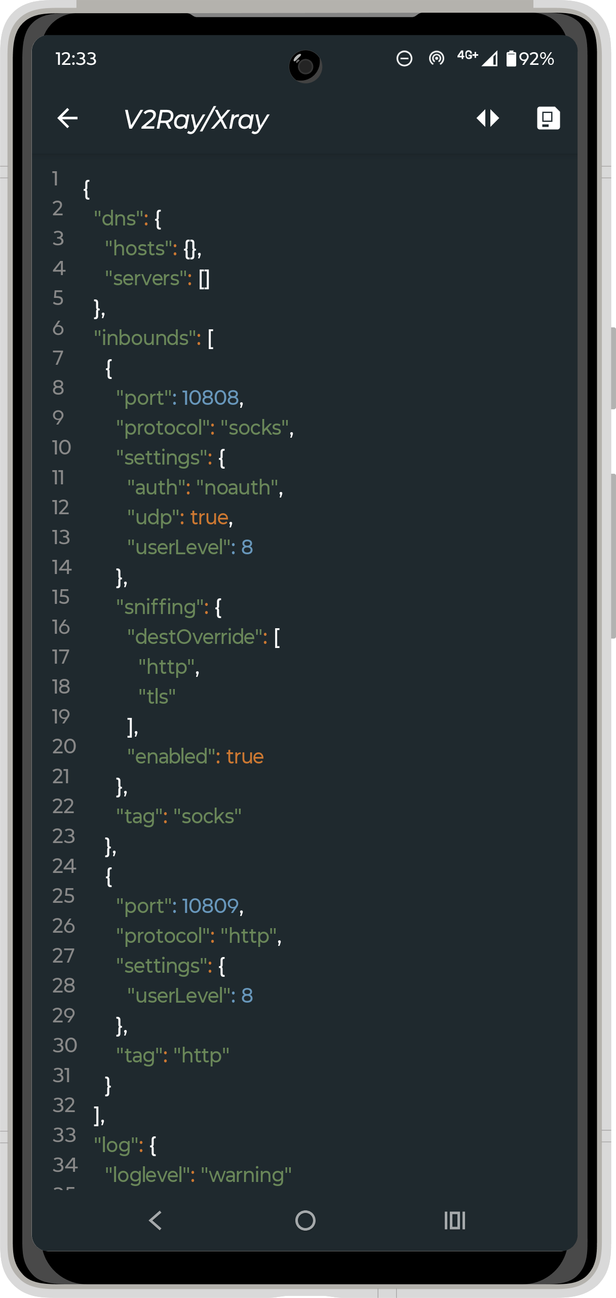 V2Ray configuration in JSON editor